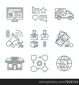 vector dark grey outline business distribution marketing process icons set white background&#xA;