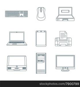 vector dark grey outline various computer gadgets office devices icons set&#xA;