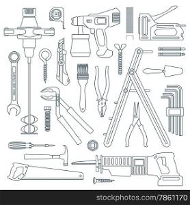 vector dark grey outline various house repair tools instruments set&#xA;