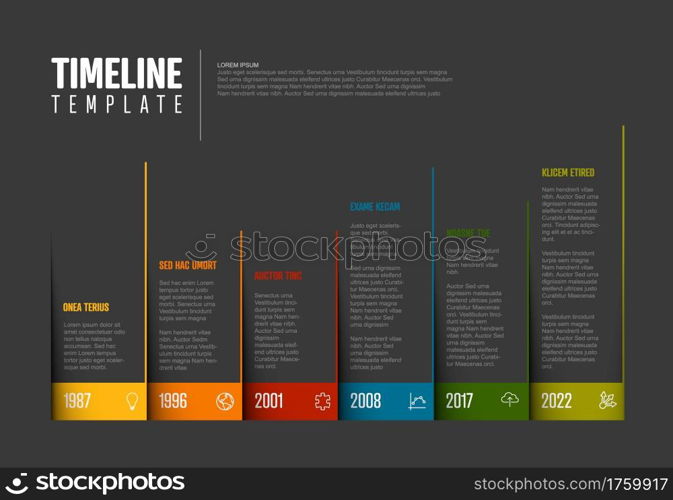 Vector Dark Infographic Company Milestones Colorful Timeline Template made from pages corners with color border and icons. Colorful time line with years . Dark Infographic Timeline Template with corner pages and icons