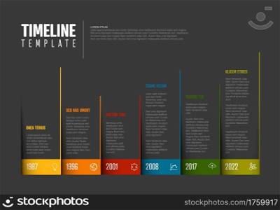 Vector Dark Infographic Company Milestones Colorful Timeline Template made from pages corners with color border and icons. Colorful time line with years . Dark Infographic Timeline Template with corner pages and icons