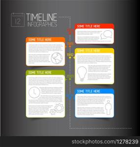 Vector dark Infographic timeline report template with icons and descriptive bubbles