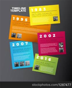 Vector Dark Infographic typographic timeline report template with the biggest milestones, photos, years and description on color papers. Vector Christmas background with snowflakes