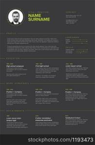 Vector dark minimalist cv / resume template with content blocks design and green accent. Minimalist resume cv template