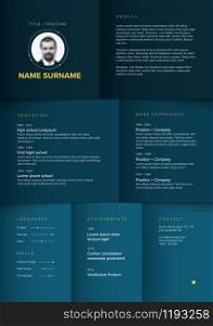 Vector dark minimalist cv / resume template with dark blue color blocks design. Minimalist blue resume cv template