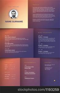 Vector dark minimalist cv / resume template with dark purple orange color blocks design. Minimalist blue resume cv template