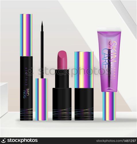 Vector Dark or Black Holographic Skincare or Beauty Cosmetics Make-up Packaging Set with Lipstick, Lip Gloss Tube and Eyeliner Packing. Minimal Geometric Platform Background.