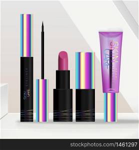 Vector Dark or Black Holographic Skincare or Beauty Cosmetics Make-up Packaging Set with Lipstick, Lip Gloss Tube and Eyeliner Packing. Minimal Geometric Platform Background.