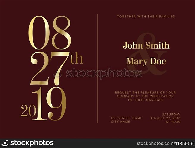 Vector dark Typography Wedding invitation card template with big golden numbers. Typography Wedding invitation