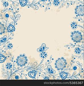 Vector decorative background with blue hand drawn flowers