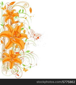 Vector decorative background with orange lily and butterflies