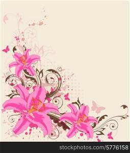 Vector decorative background with pink lily and butterflies