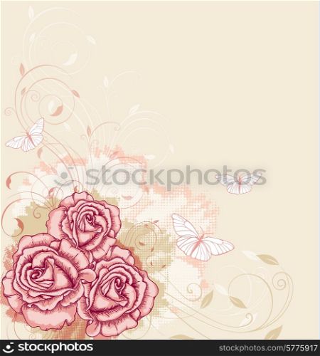 Vector decorative background with pink roses and butterflies