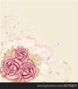 Vector decorative background with pink roses and butterflies