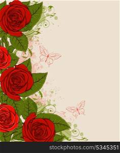 Vector decorative background with red roses and butterflies