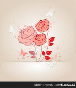 Vector decorative background with roses and butterflies