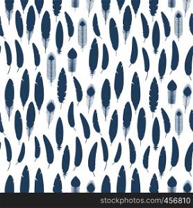 Vector decorative blue feathers silhouettes seamless pattern. Feathers silhouettes seamless pattern