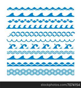 Vector decorative blue sea waves. Water marine symbols set. Wave marine and ocean wave line illustration. Vector decorative blue sea waves. Water marine symbols set