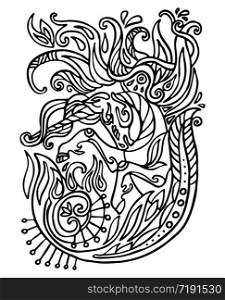 Vector decorative doodle ornamental fiery unicorn. Abstract vector illustration of unicorn black contour isolated on white background. Stock illustration for coloring, design and tattoo.
