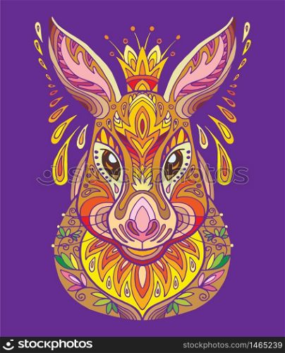 Vector decorative doodle ornamental hare. Abstract vector colorful illustration of hare isolated on purple background. Stock illustration for print, design and tattoo.