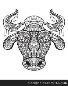 Vector decorative doodle ornamental head of bull. Abstract vector illustration of bull black contour isolated on white background. Stock illustration for coloring, design and tattoo.