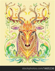 Vector decorative doodle ornamental head of deer. Abstract vector colorful illustration of lion head isolated on yellow background. Stock illustration for print, design and tattoo.