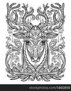 Vector decorative doodle ornamental head of deer. Abstract vector illustration of lion black contour isolated on white background. Stock illustration for coloring, design and tattoo.