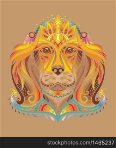 Vector decorative doodle ornamental head of dog. Abstract vector colorful illustration of dog head isolated on brown background. Stock illustration for print, design and tattoo.