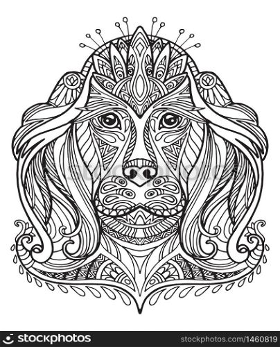 Vector decorative doodle ornamental head of dog. Abstract vector illustration of dog black contour isolated on white background. Stock illustration for coloring, design and tattoo.