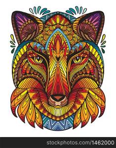 Vector decorative doodle ornamental head of fox. Abstract vector colorful illustration of fox head isolated on white background. Stock illustration for print, design and tattoo.