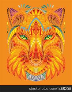 Vector decorative doodle ornamental head of fox. Abstract vector colorful illustration of fox head isolated on orange background. Stock illustration for print, design and tattoo.