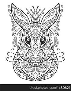 Vector decorative doodle ornamental head of hare. Abstract vector illustration of hare black contour isolated on white background. Stock illustration for coloring, design and tattoo.