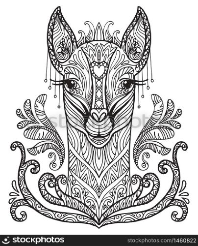 Vector decorative doodle ornamental head of lama. Abstract vector illustration of lama black contour isolated on white background. Stock illustration for coloring, design and tattoo.