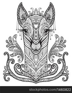 Vector decorative doodle ornamental head of lama. Abstract vector illustration of lama black contour isolated on white background. Stock illustration for coloring, design and tattoo.