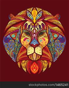 Vector decorative doodle ornamental head of lion. Abstract vector colorful illustration of lion head isolated on red background. Stock illustration for print, design and tattoo.