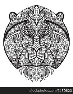 Vector decorative doodle ornamental head of lion. Abstract vector illustration of lion black contour isolated on white background. Stock illustration for coloring, design and tattoo.