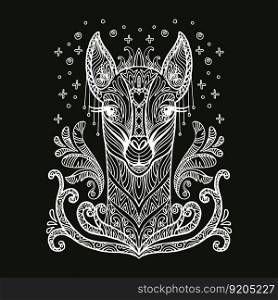 Vector decorative doodle ornamental head of llama. Abstract vector illustration of llama white contour isolated on black background. Stock illustration for coloring, design,tattoo, puzzle. Vector coloring llama head white vector illustration