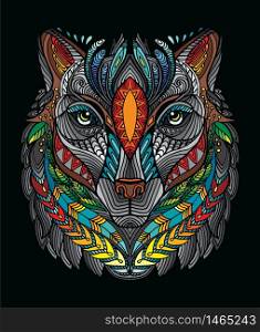 Vector decorative doodle ornamental head of wolf. Abstract vector colorful illustration of wolf head isolated on orange background. Stock illustration for print, design and tattoo.