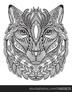 Vector decorative doodle ornamental head of wolf. Abstract vector illustration of wolf black contour isolated on white background. Stock illustration for coloring, design and tattoo.