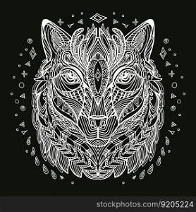 Vector decorative doodle ornamental head of wolf. Abstract vector illustration of wolf white contour isolated on black background. Stock illustration for coloring, design and tattoo.. Vector coloring wolf head white vector illustration