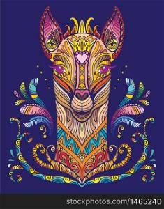 Vector decorative doodle ornamental lama. Abstract vector colorful illustration of lama isolated on blue background. Stock illustration for print, design and tattoo.