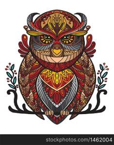 Vector decorative doodle ornamental owl. Abstract vector colorful illustration of owl isolated on white background. Stock illustration for print, design and tattoo.