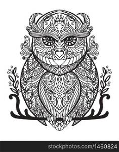 Vector decorative doodle ornamental owl. Abstract vector illustration of owl black contour isolated on white background. Stock illustration for coloring, design and tattoo.