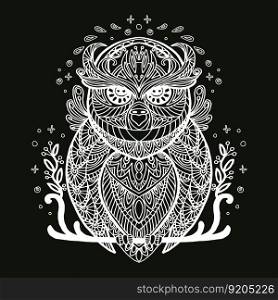 Vector decorative doodle ornamental owl. Abstract vector illustration of owl white contour isolated on black background. Stock illustration for coloring, design, tattoo, puzzle. Vector tangle coloring ornate owl vector illustration