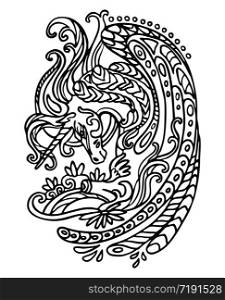 Vector decorative doodle ornamental unicorn. Vector abstract illustration of unicorn black contour isolated on white background. Stock illustration for coloring, design and tattoo.