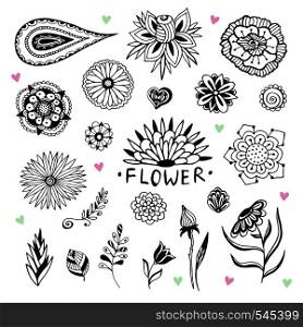 Vector decorative flowers collection. Hand drawn illustration with creative doodles for coloring page and design decoration.. Vector flowers collection in zentangle style. Hand drawn illustration with creative doodles for coloring page and design decoration.