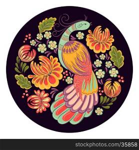 Vector decorative ornamental illustration of bird and flowers in traditional folk style in dark background. Ethnic template for fabric, textile, cloth, print, greeting card, wallpaper.