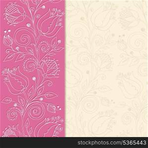 Vector decorative pink background with hand drawn flowers