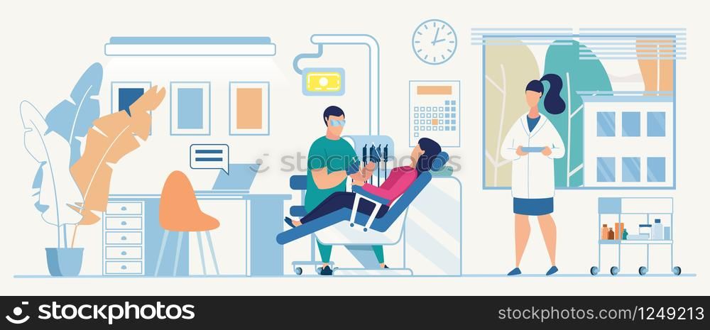 Vector Dentist Cabinet Interior Illustration Woman Patient on Chair Man Doctor Treat Teeth Using Tools Female Assistant Standing Holding Medical Card Orthodontic Service Consultation Medical Diagnosis. Orthodontic Service Consultation Medical Diagnosis