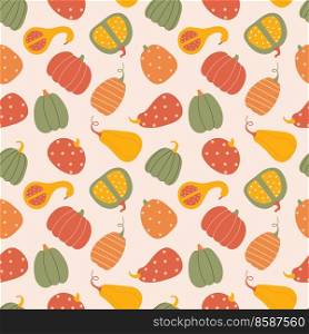 Vector design for autumn holidays. Seamless pattern with pumpkins Vector autumn texture in flat style on a light pink background.